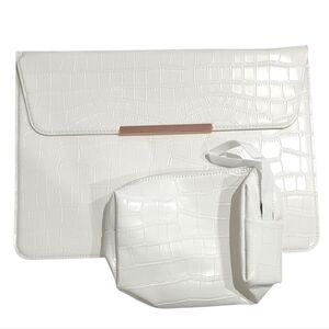 White Croc Faux Leather Embossed Laptop Bag and Accessories Pouch Set